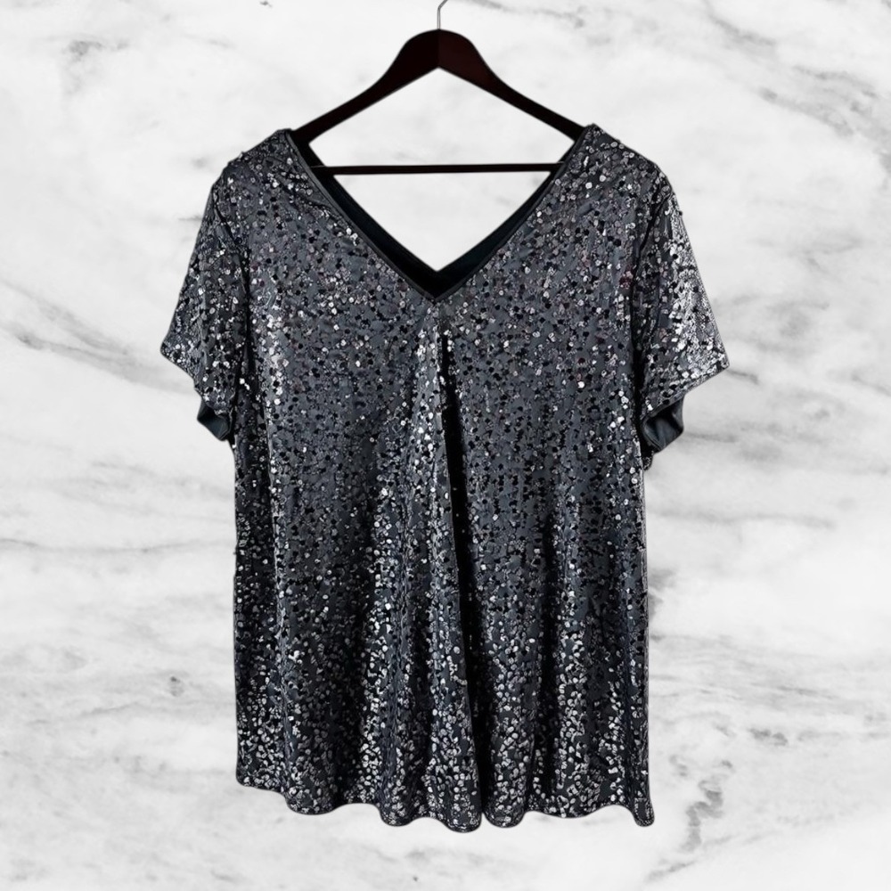 Roaman's Popover Party Top All‎ Over Silver Sequin Lightweight Flowy Size 24W